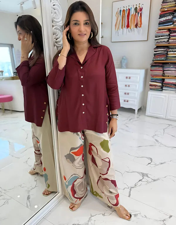 Maroon Button-Down Kurti with Abstract Print Palazzo Pants