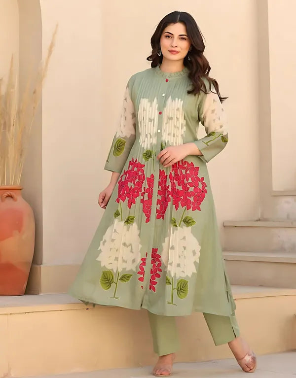 Sage Green Floral Printed Anarkali Kurti with Matching Pants – 2-Piece Set