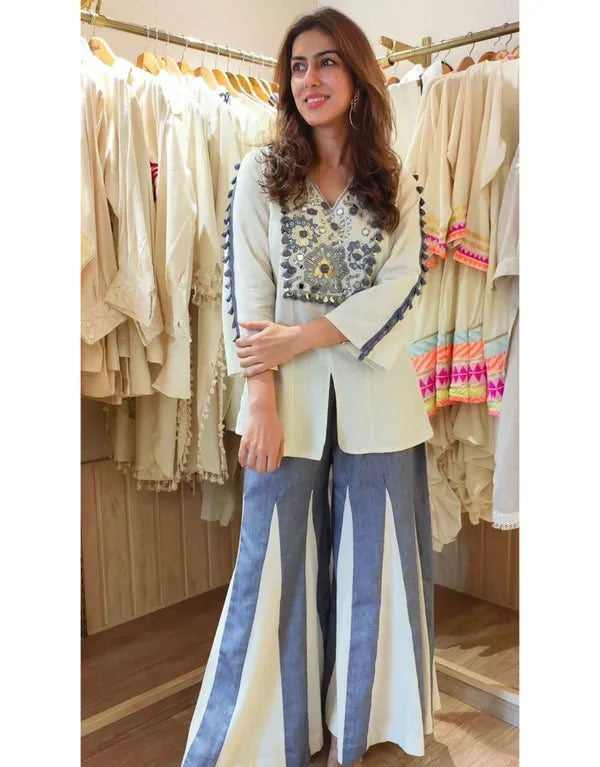 Ivory Straight Kurti with Blue Panelled Palazzo Pants