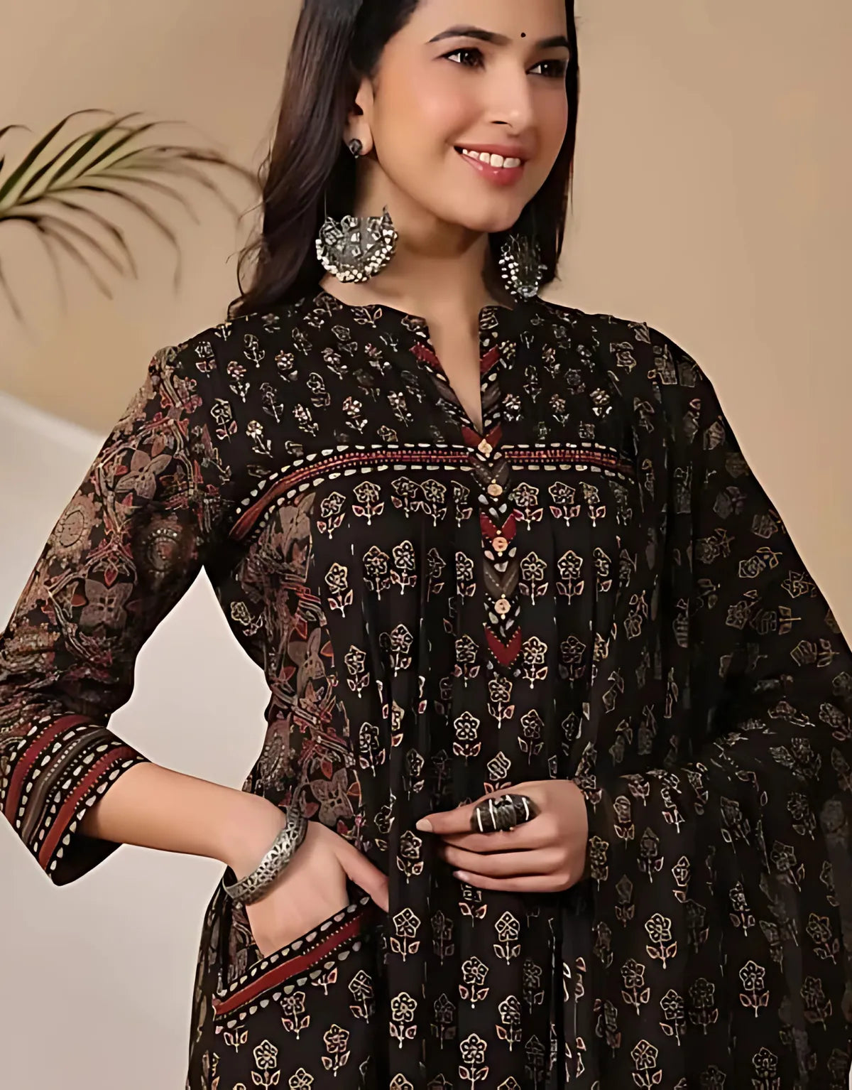 Black Handblock Printed Anarkali Kurta with Ethnic Motifs