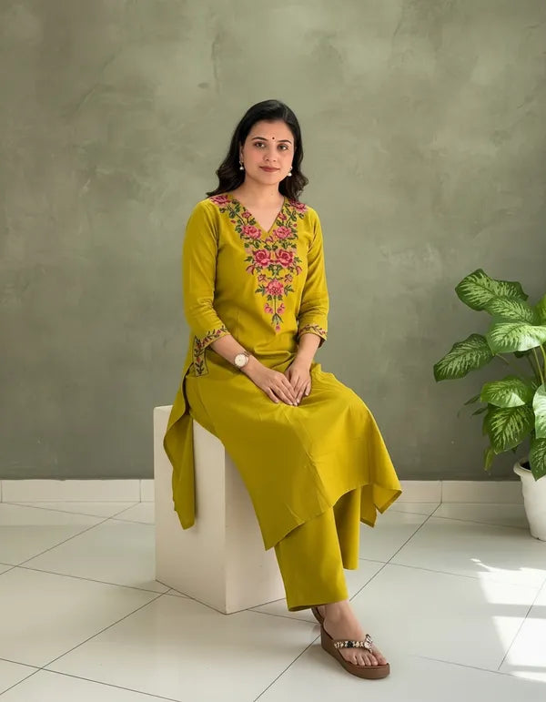Mustard Yellow Embroidered Kurta Set with Straight Pants