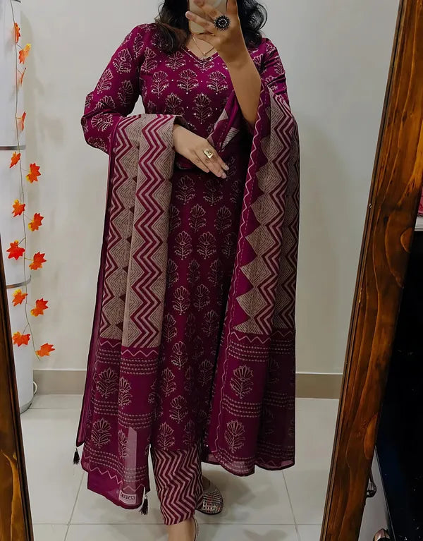 Wine Purple Handblock Printed Kurta Set with Chevron Dupatta
