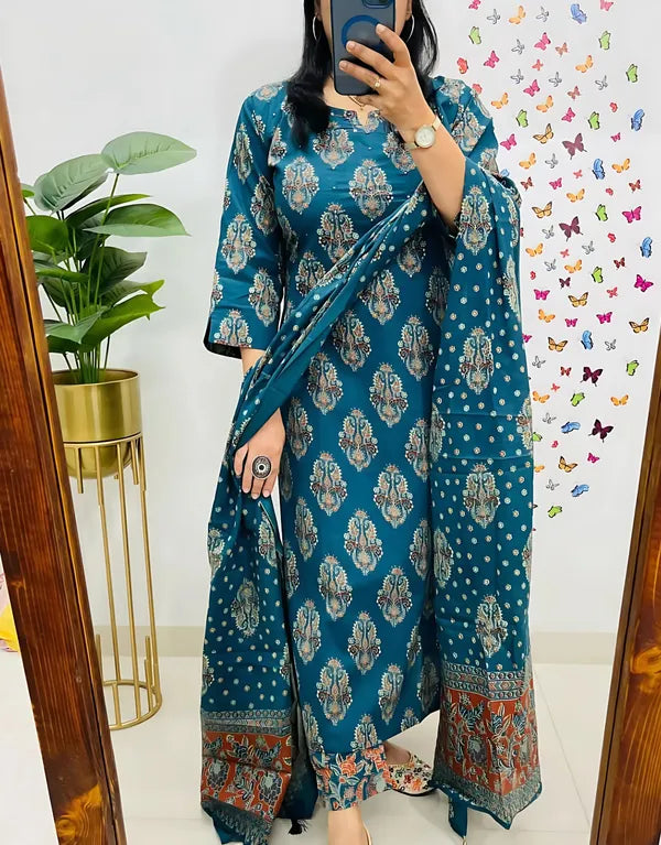 Teal Blue Handblock Printed Kurta Set with Matching Dupatta