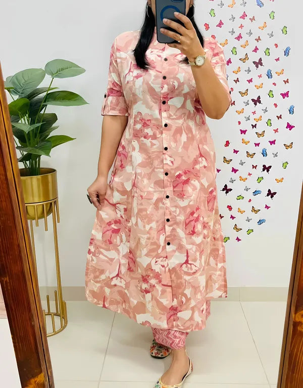 Blush Pink Floral Printed Button-Down Kurti with Matching Pants