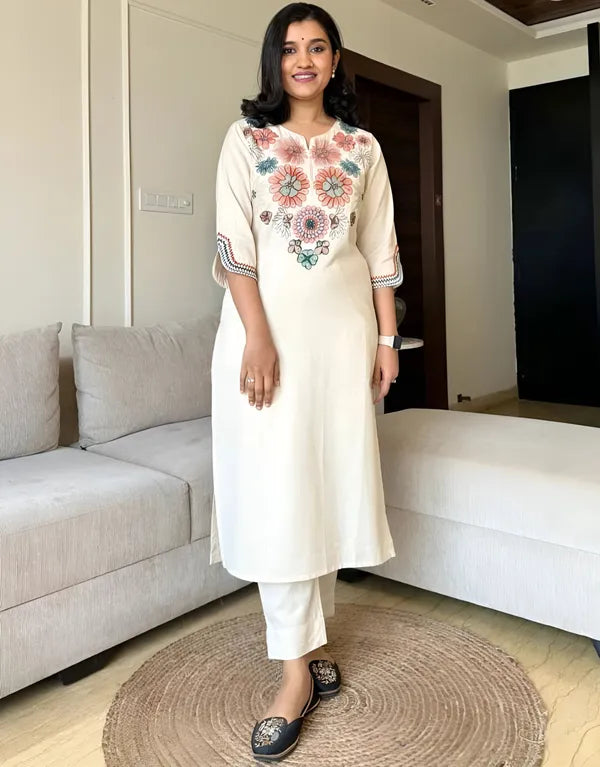 Women’s Ivory Floral Embroidered Straight Kurta – 3/4th Sleeves, Cotton Blend