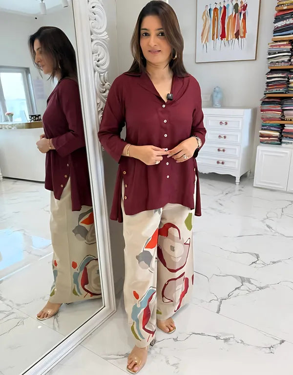 Maroon Button-Down Kurti with Abstract Print Palazzo Pants
