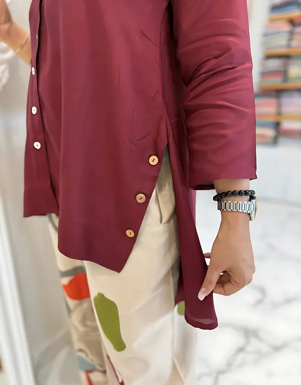 Maroon Button-Down Kurti with Abstract Print Palazzo Pants