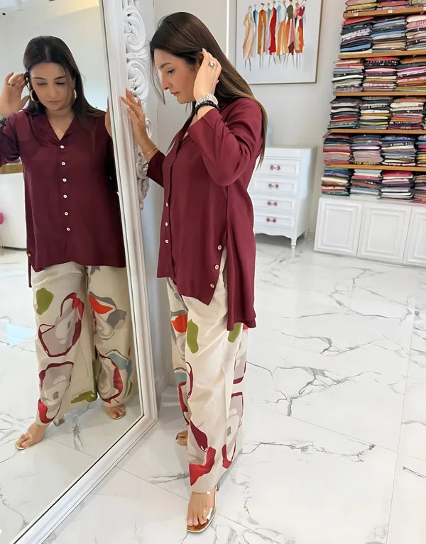 Maroon Button-Down Kurti with Abstract Print Palazzo Pants