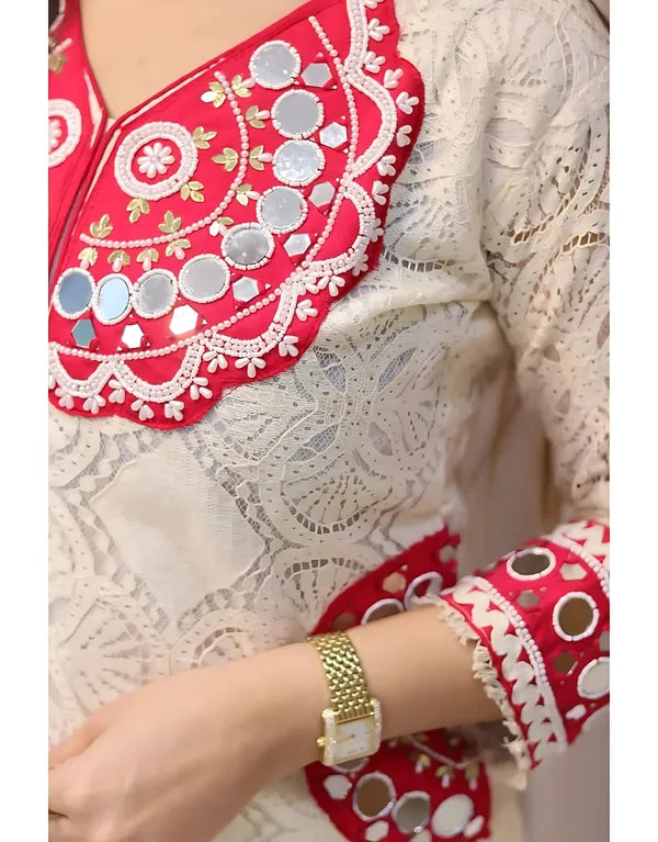 Ivory Printed Kurti with Contrast Pink Detailing & Straight Pants – 2-Piece Set