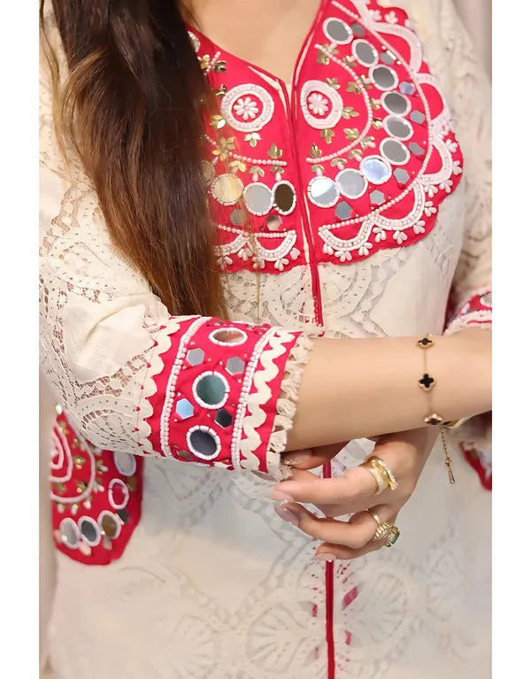 Ivory Printed Kurti with Contrast Pink Detailing & Straight Pants – 2-Piece Set