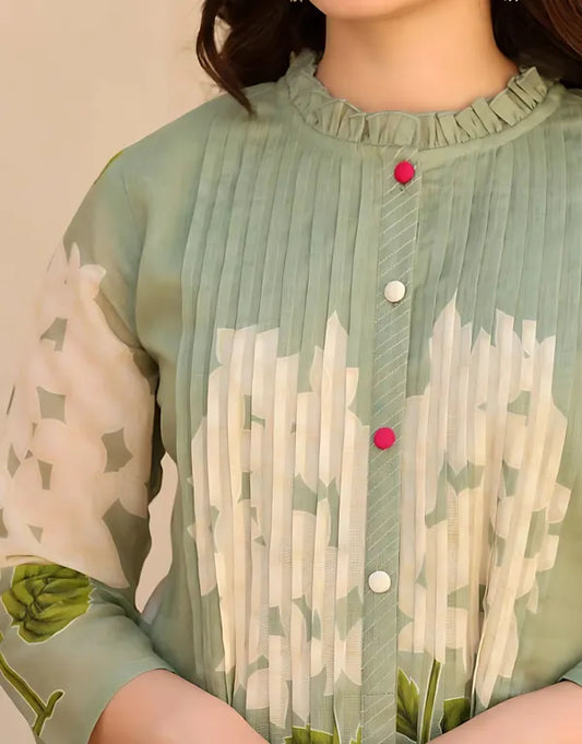 Sage Green Floral Printed Anarkali Kurti with Matching Pants – 2-Piece Set