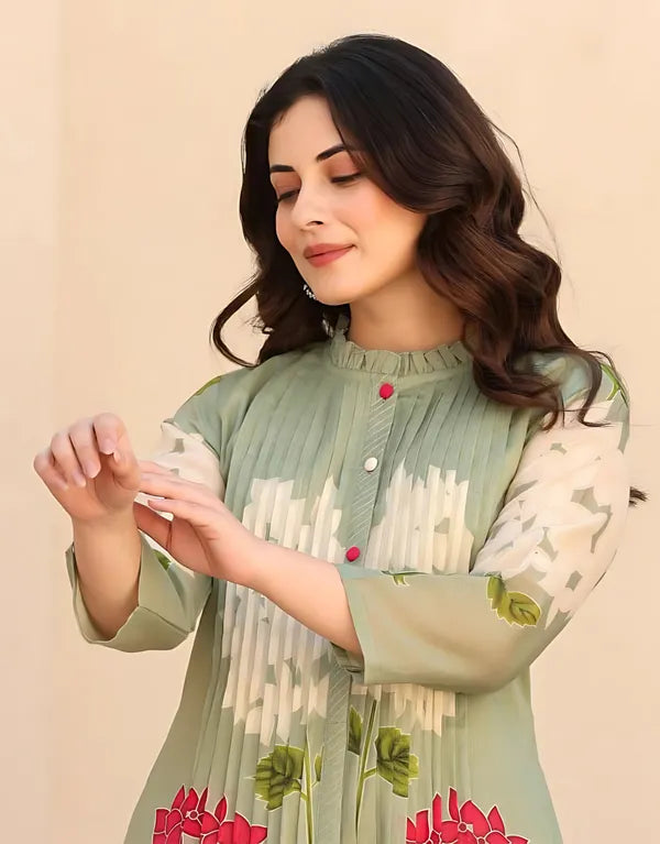 Sage Green Floral Printed Anarkali Kurti with Matching Pants – 2-Piece Set