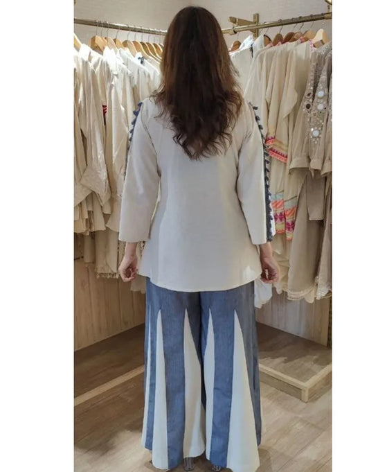 Ivory Straight Kurti with Blue Panelled Palazzo Pants