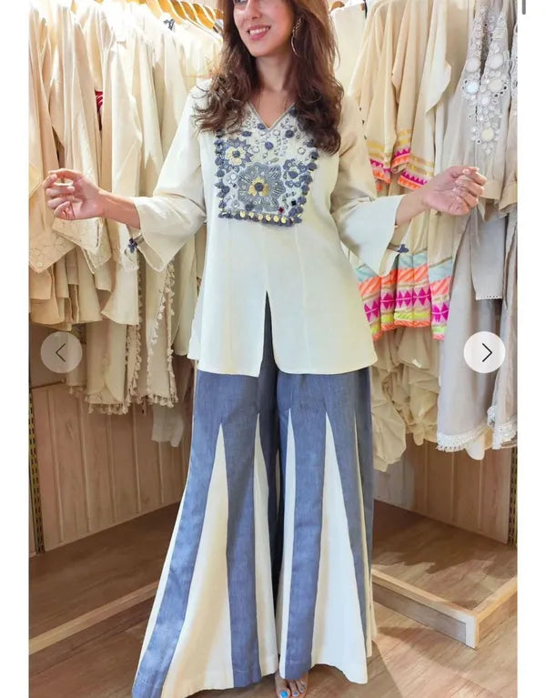 Ivory Straight Kurti with Blue Panelled Palazzo Pants