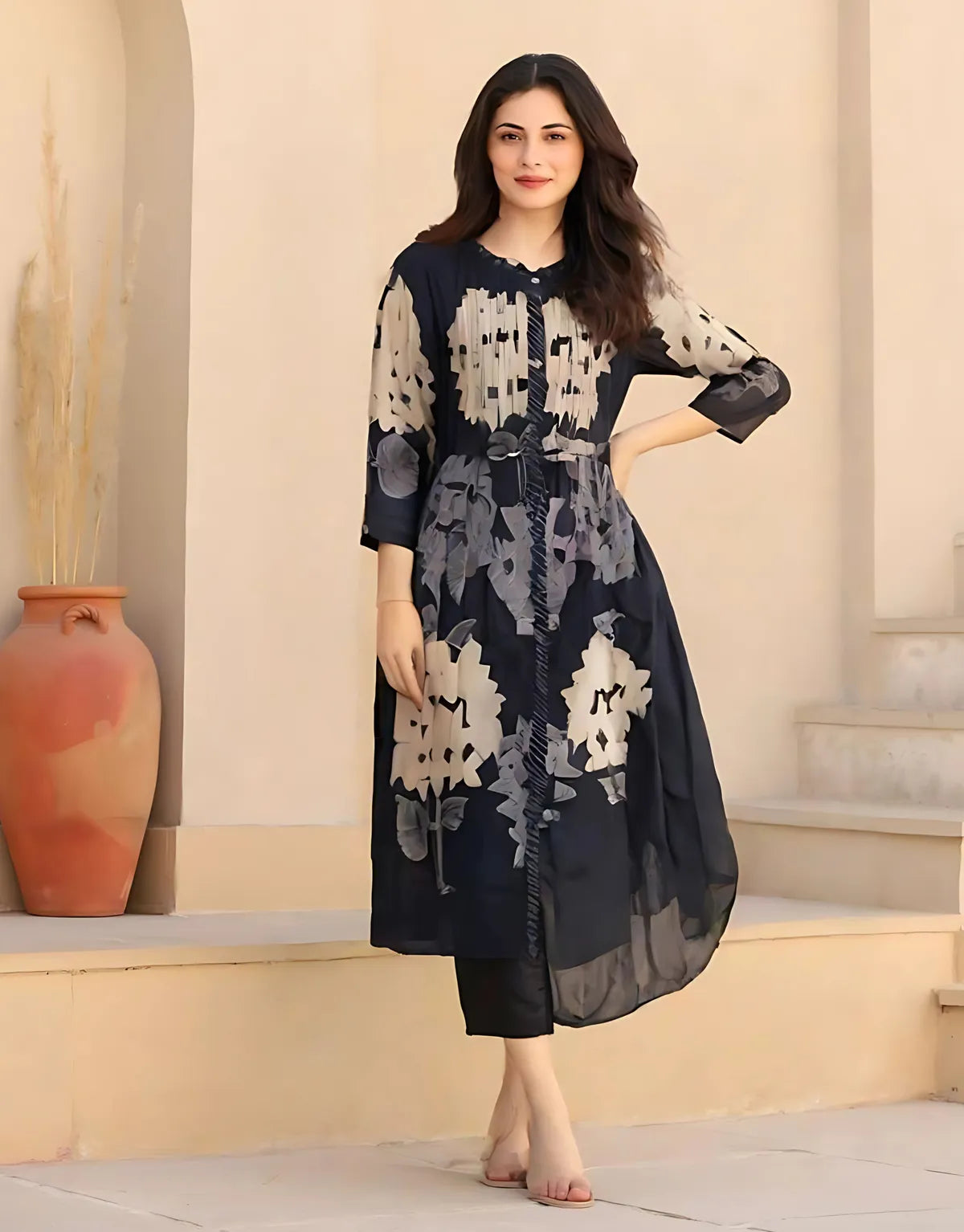 Black & Ivory Floral Printed A-Line Kurti with Inner Layer – Contemporary Ethnic Wear