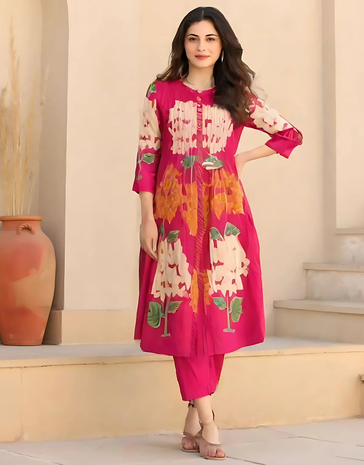 Fuchsia Pink Floral Printed A-Line Kurti with Matching Pants – 2-Piece Set