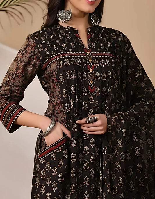 Black Handblock Printed Anarkali Kurta with Ethnic Motifs