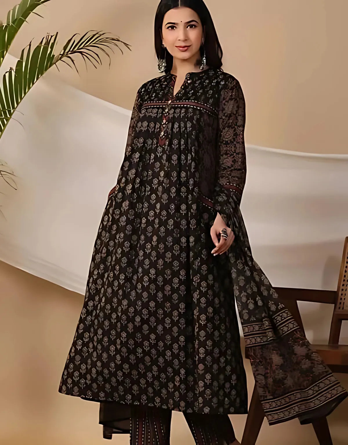 Black Handblock Printed Anarkali Kurta with Ethnic Motifs
