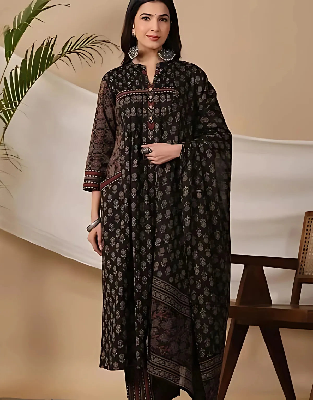 Black Handblock Printed Anarkali Kurta with Ethnic Motifs