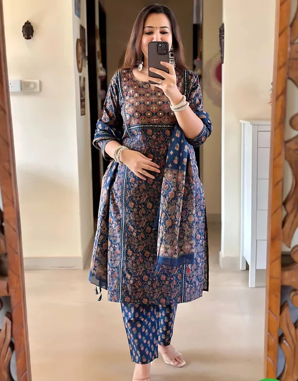 Navy Blue Handblock Printed Kurta Set with Dupatta