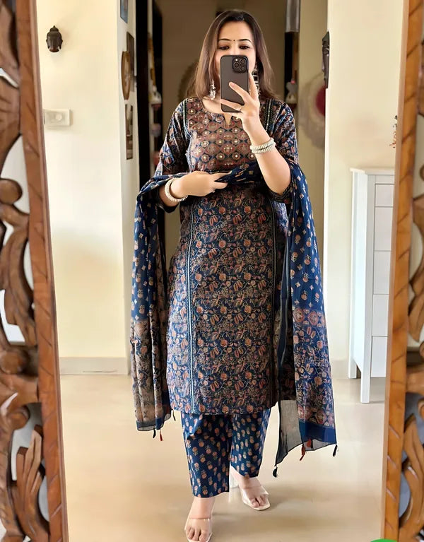 Navy Blue Handblock Printed Kurta Set with Dupatta
