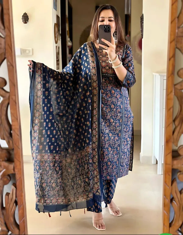 Navy Blue Handblock Printed Kurta Set with Dupatta