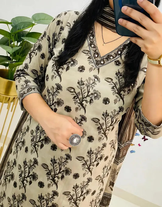 Beige & Brown Handblock Printed Kurta Set with Striped Dupatta
