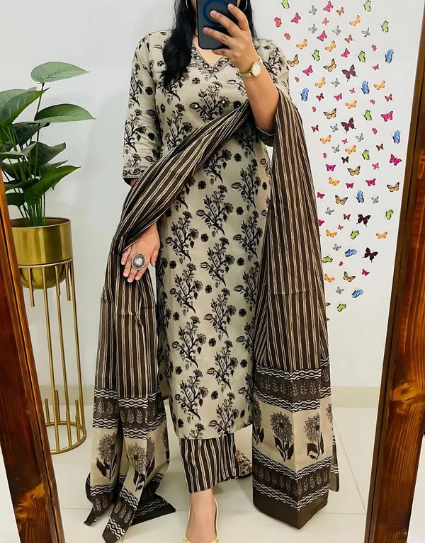 Beige & Brown Handblock Printed Kurta Set with Striped Dupatta