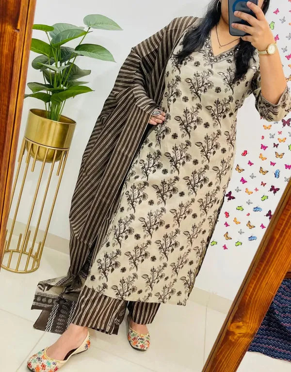Beige & Brown Handblock Printed Kurta Set with Striped Dupatta