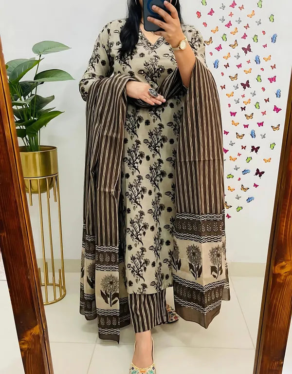 Beige & Brown Handblock Printed Kurta Set with Striped Dupatta