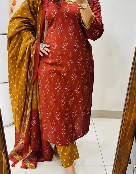 Rust Red Ikat Printed Kurta Set with Mustard Dupatta