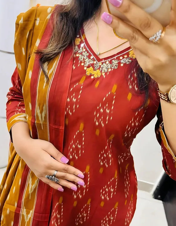 Rust Red Ikat Printed Kurta Set with Mustard Dupatta