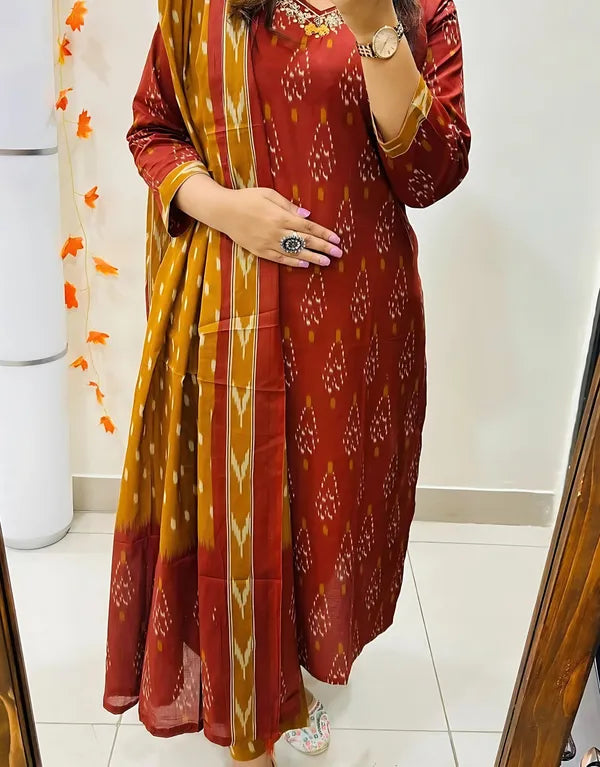 Rust Red Ikat Printed Kurta Set with Mustard Dupatta