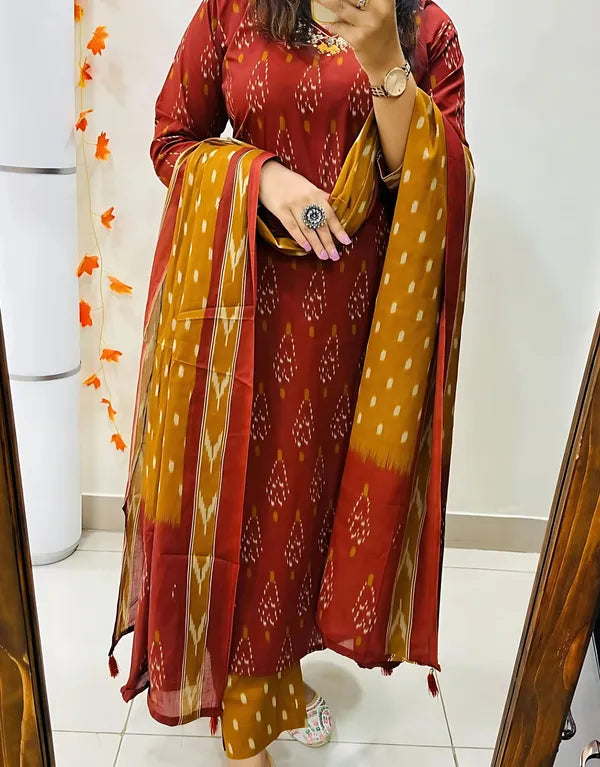 Rust Red Ikat Printed Kurta Set with Mustard Dupatta