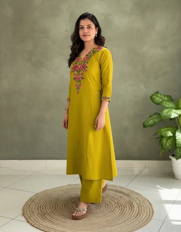 Mustard Yellow Embroidered Kurta Set with Straight Pants