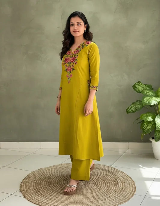 Mustard Yellow Embroidered Kurta Set with Straight Pants