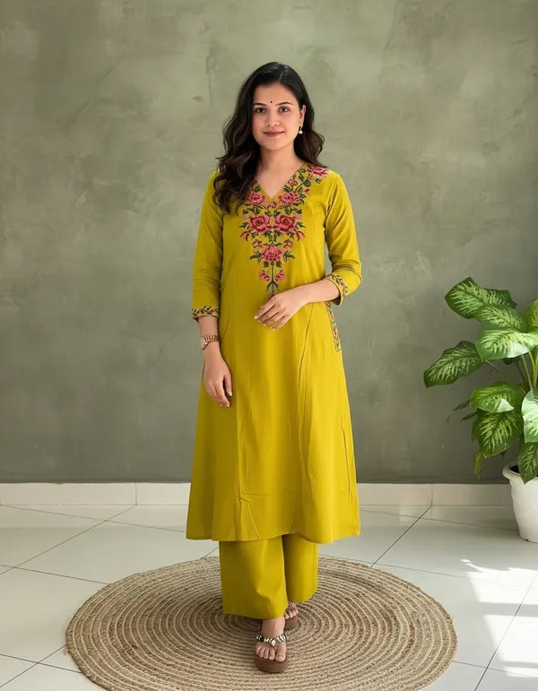 Mustard Yellow Embroidered Kurta Set with Straight Pants