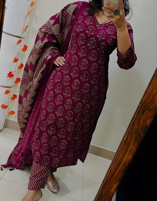Wine Purple Handblock Printed Kurta Set with Chevron Dupatta
