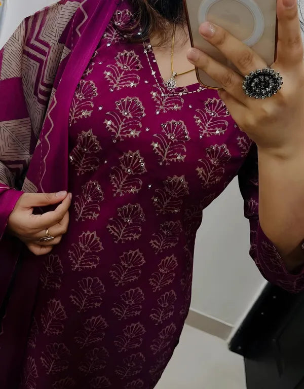 Wine Purple Handblock Printed Kurta Set with Chevron Dupatta