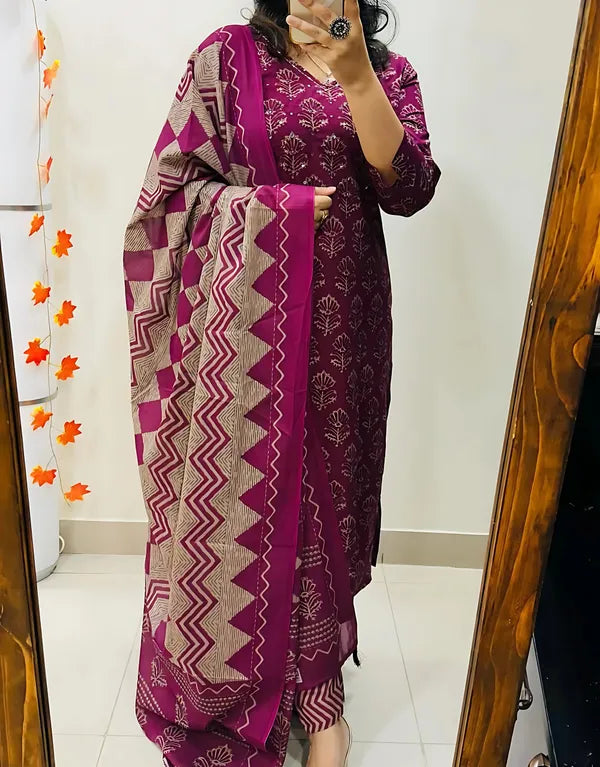 Wine Purple Handblock Printed Kurta Set with Chevron Dupatta