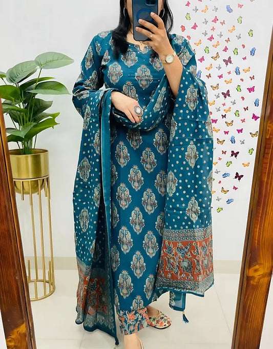 Teal Blue Handblock Printed Kurta Set with Matching Dupatta