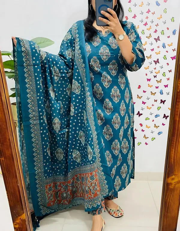 Teal Blue Handblock Printed Kurta Set with Matching Dupatta