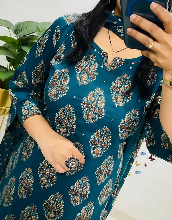 Teal Blue Handblock Printed Kurta Set with Matching Dupatta