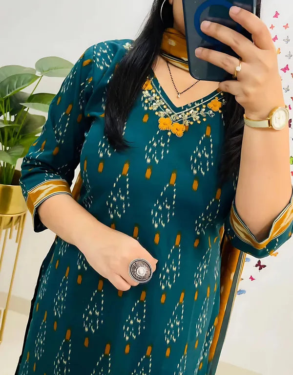 Deep Teal Ikat Printed Kurta Set with Mustard Dupatta