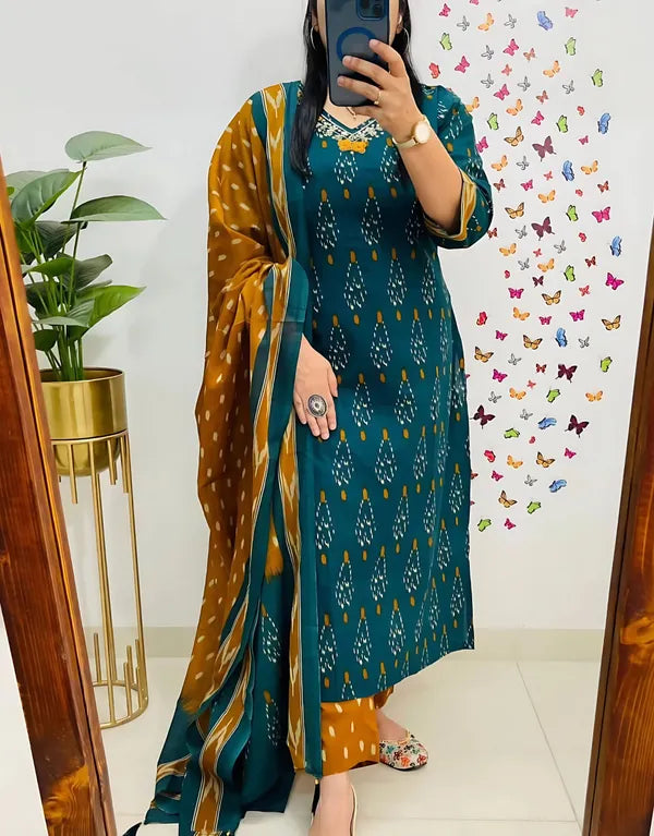 Deep Teal Ikat Printed Kurta Set with Mustard Dupatta