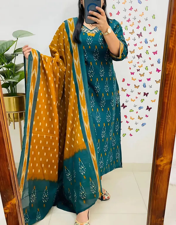 Deep Teal Ikat Printed Kurta Set with Mustard Dupatta
