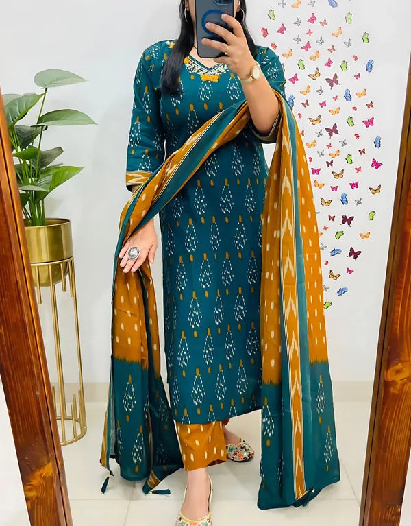 Deep Teal Ikat Printed Kurta Set with Mustard Dupatta