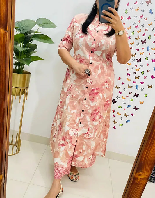 Blush Pink Floral Printed Button-Down Kurti with Matching Pants