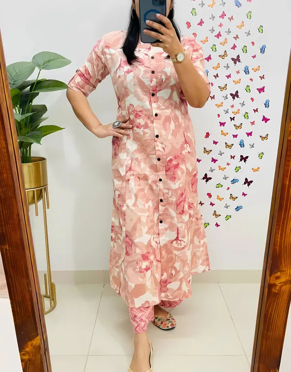 Blush Pink Floral Printed Button-Down Kurti with Matching Pants
