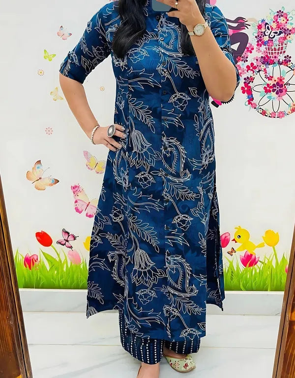 Navy Blue Floral Printed Straight Kurti with Matching Pants – 2-Piece Set